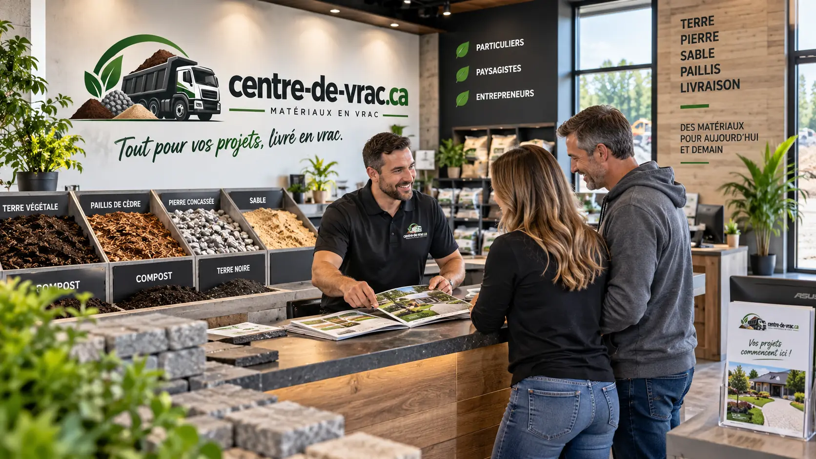 Comptoir d'un centre de vrac avec échantillons de matériaux